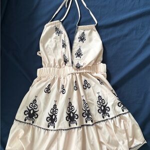 Cream Halter Dress with Black Embroidery